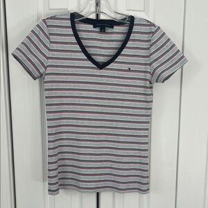Tommy Hilfiger Women's V-Neck Striped Tee - Red, Blue, White
